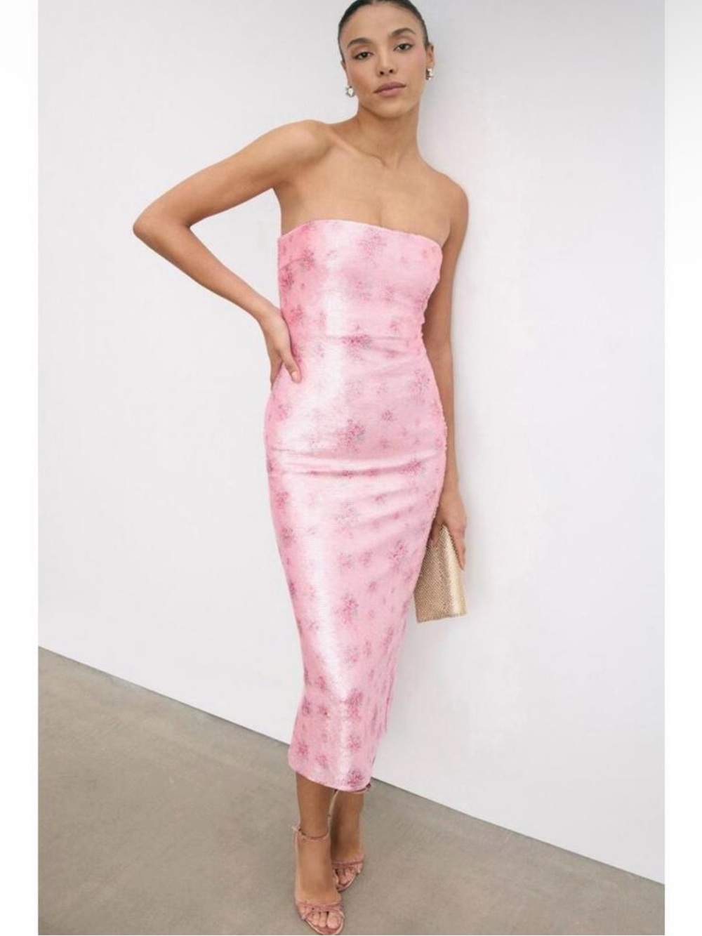 Love Shack Fancy Stasia Strapless Pink Satin Sequin Midi Dress